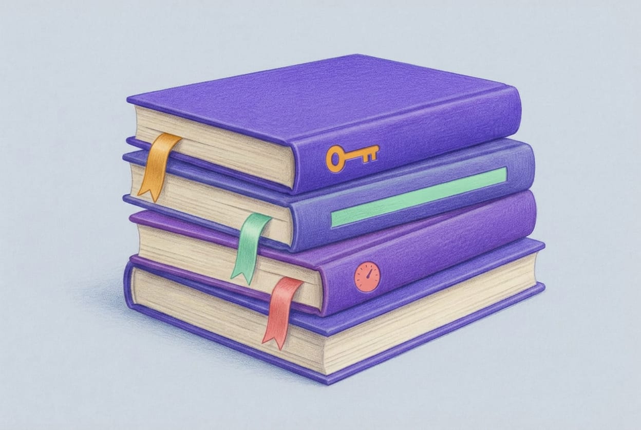 Стопка книг с ленточками-закладками — привычки обучения и развития