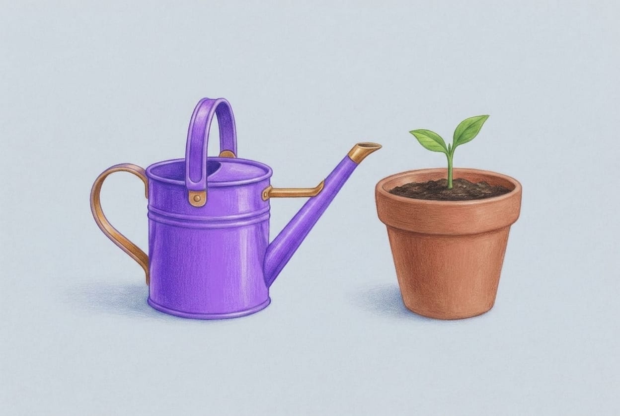 Лейка и горшок с молодым ростком — важное, которое растет медленно